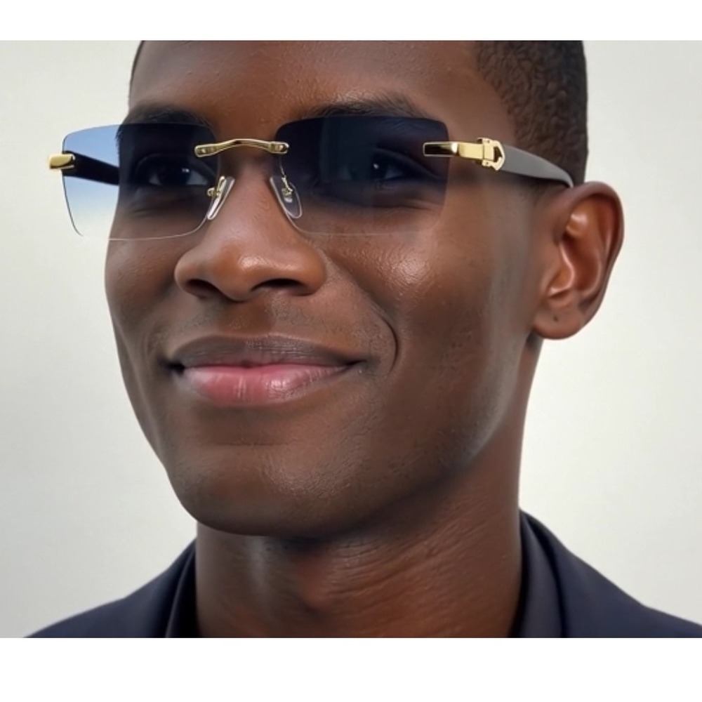 Men's Luxury Sky Blue Tint Square Gold Frame Rimless Hip Hop Fashion Sunglasses